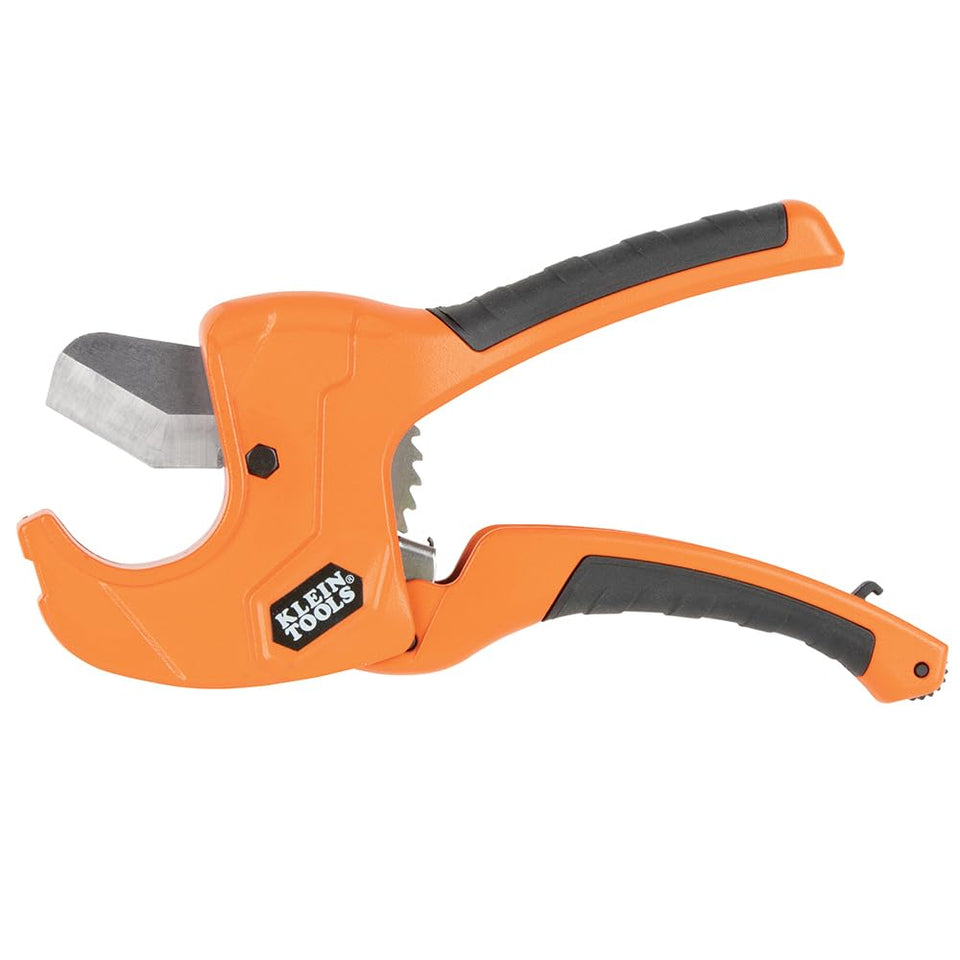 Klein Tools 50063 ratcheting cutter demonstrates clean 1-1/4 inch PVC cut for precise joints.