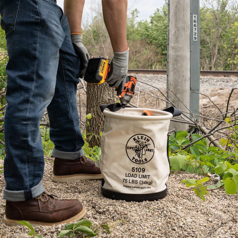 Klein Tools 5109 canvas bucket with black molded bottom resists wear and spills.