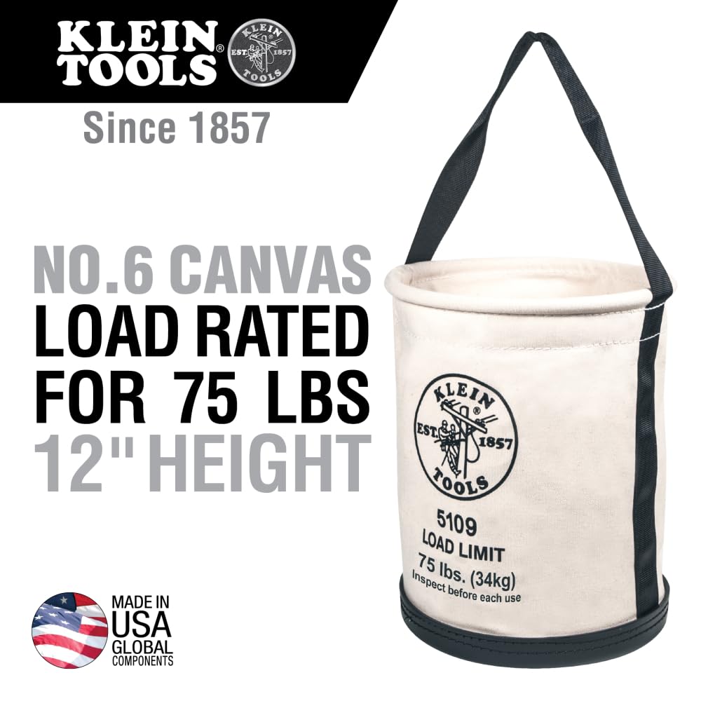 Klein Tools 5109 canvas bucket straight-wall design enhances stability and storage.