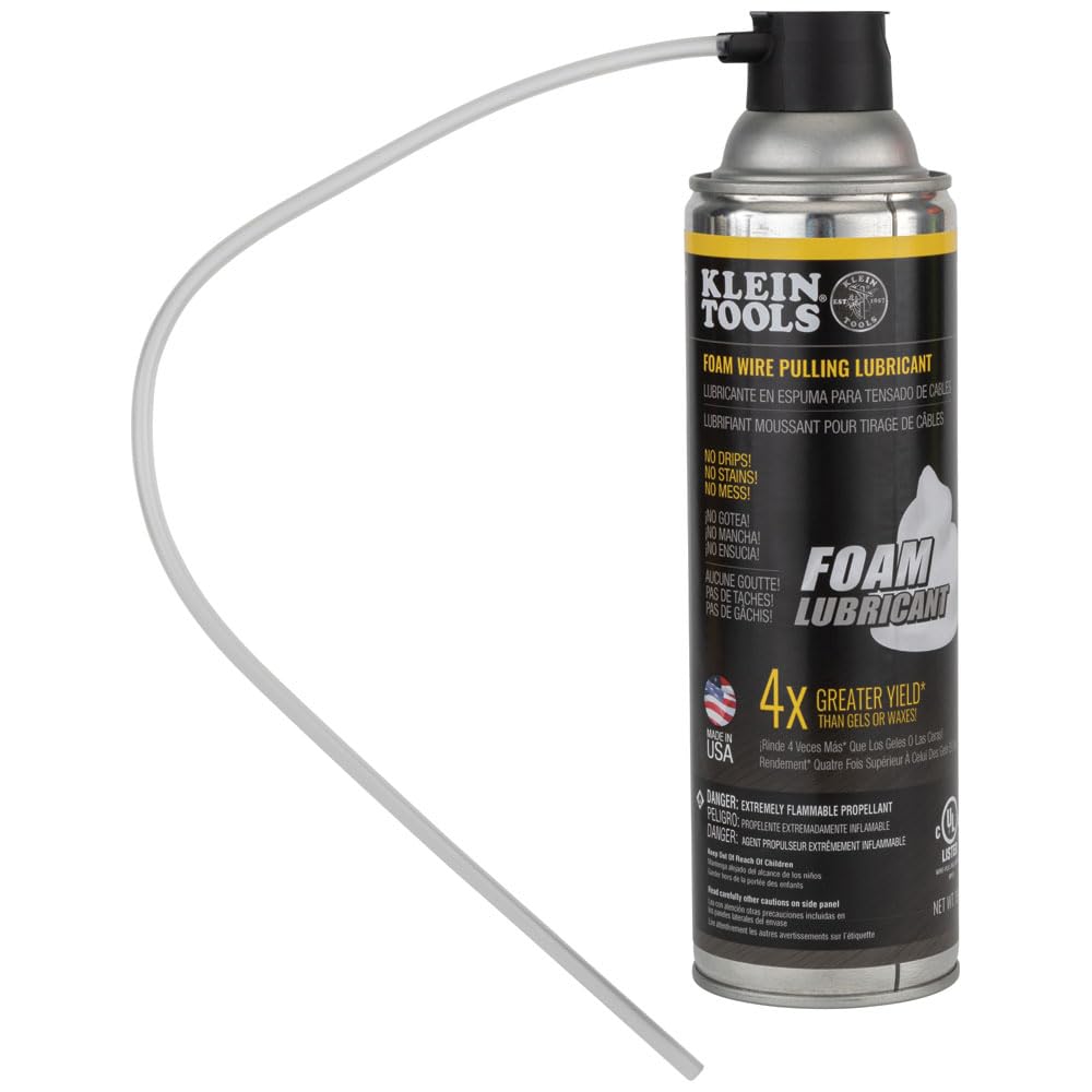Klein Tools 51100 foam pulling lubricant applied at conduit entrance for smooth wire passage