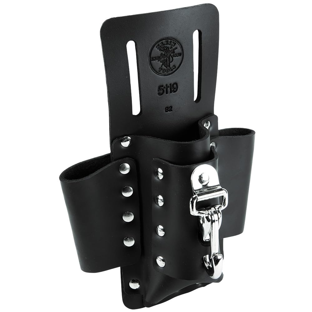 Klein Tools 5119 leather pouch with four pockets for organized tool access.