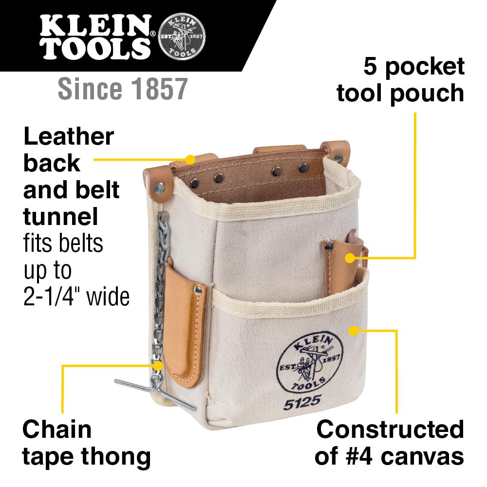 Klein Tools 5125 canvas pouch back view highlights leather backing for durability on the job.
