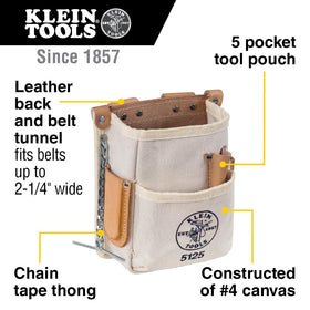 Klein Tools 5125 canvas pouch back view highlights leather backing for durability on the job.
