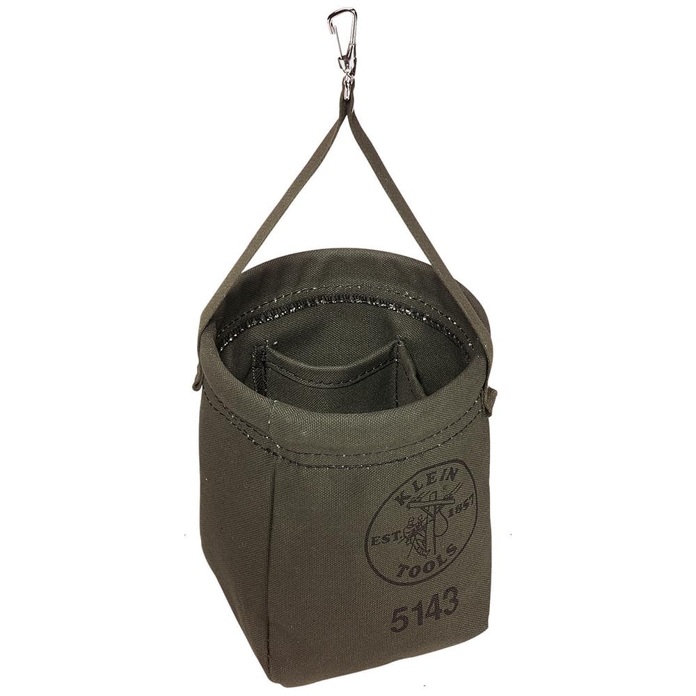 Klein Tools 5143 canvas bag with snap clip ready for hanging on job sites