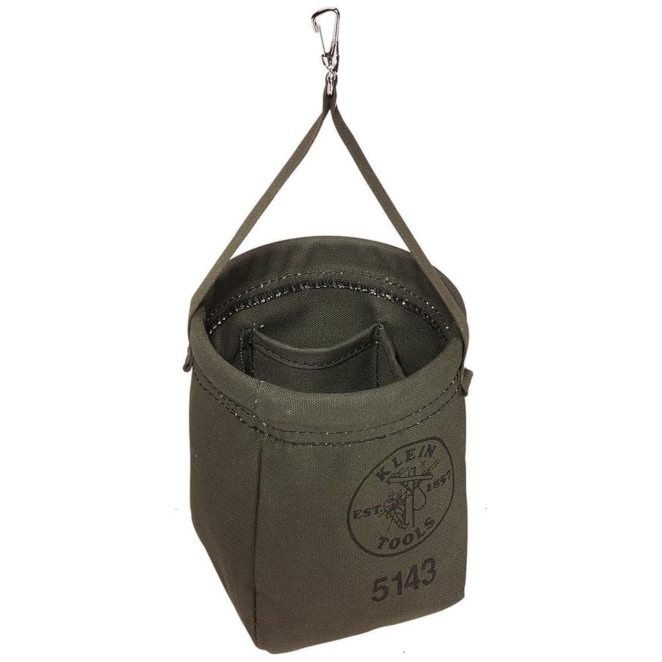 Klein Tools 5143 canvas bag with snap clip ready for hanging on job sites