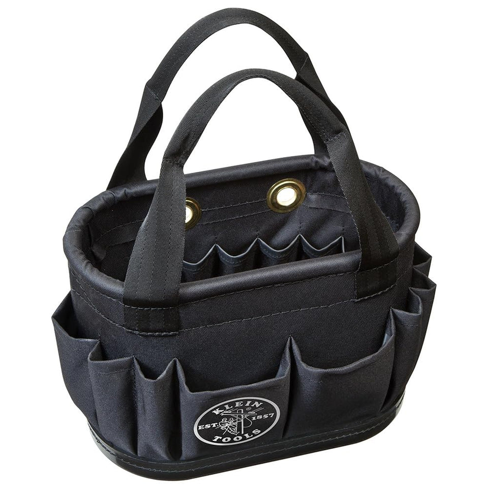 Klein Tools 5144BHB14OS hard-body bucket front view shows rugged fabric and oval shape