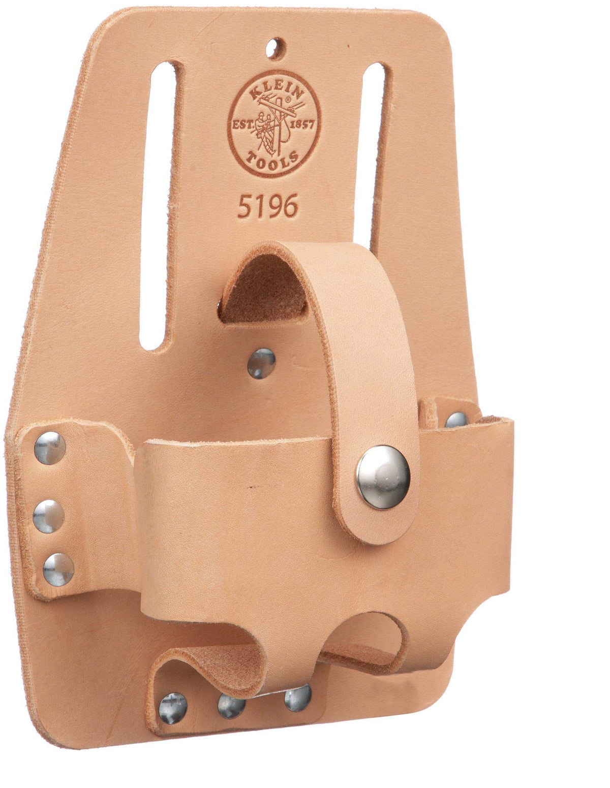 Klein Tools 5196 leather tape-rule holder belt-attachment view demonstrates belt clip design