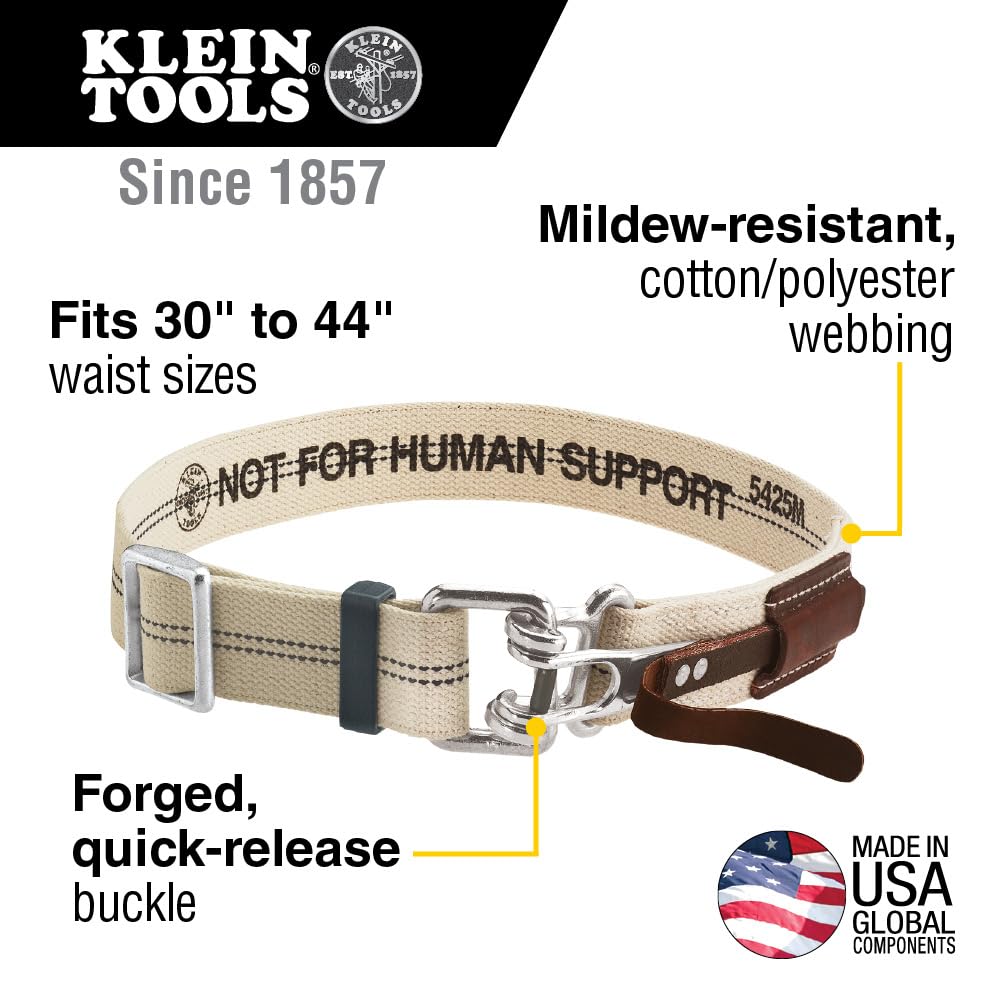 Klein Tools 5425M quick-release buckle close-up for fast belt disengagement.