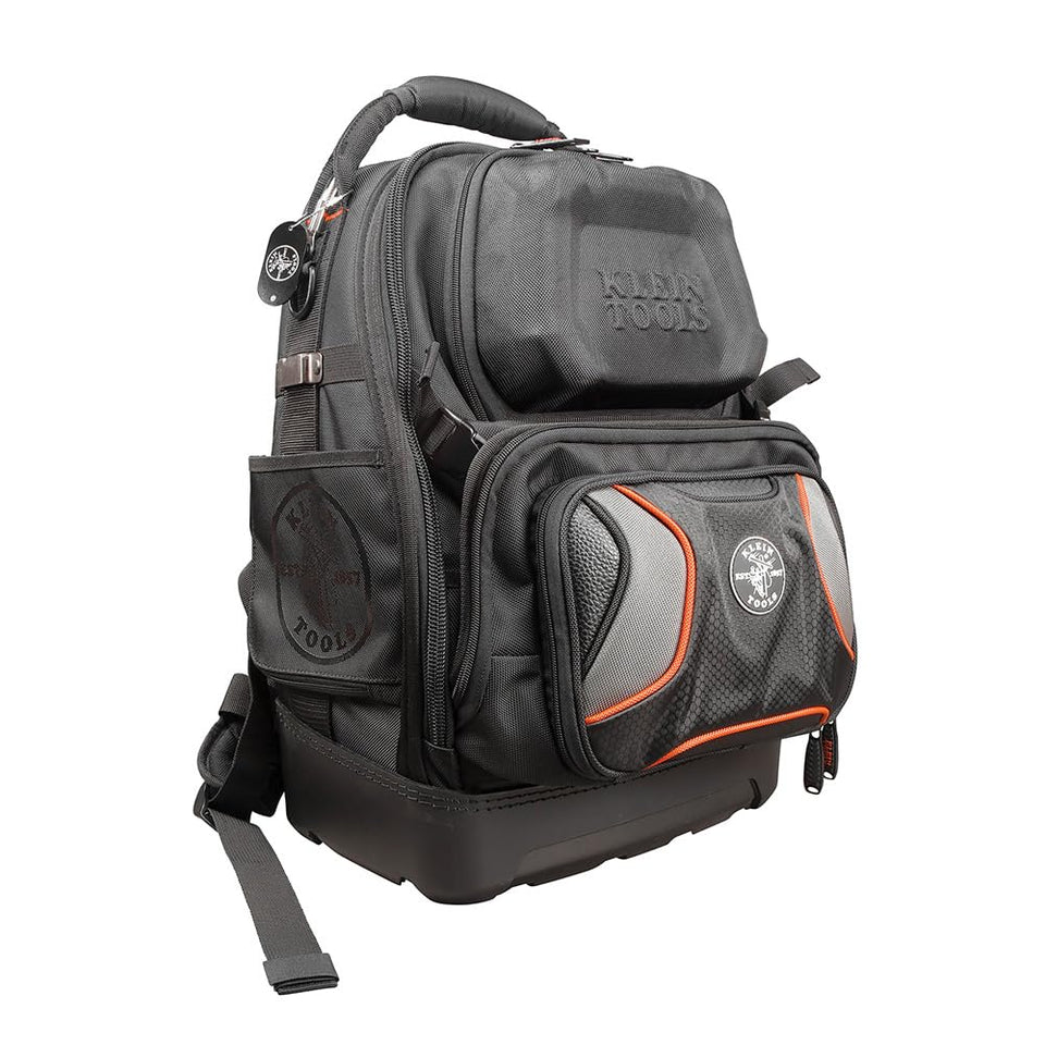 Klein Tools 55485 backpack front view showing wide storage and rugged build.