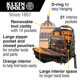 Klein Tools 55485 interior pocket layout for organized tools and cables.