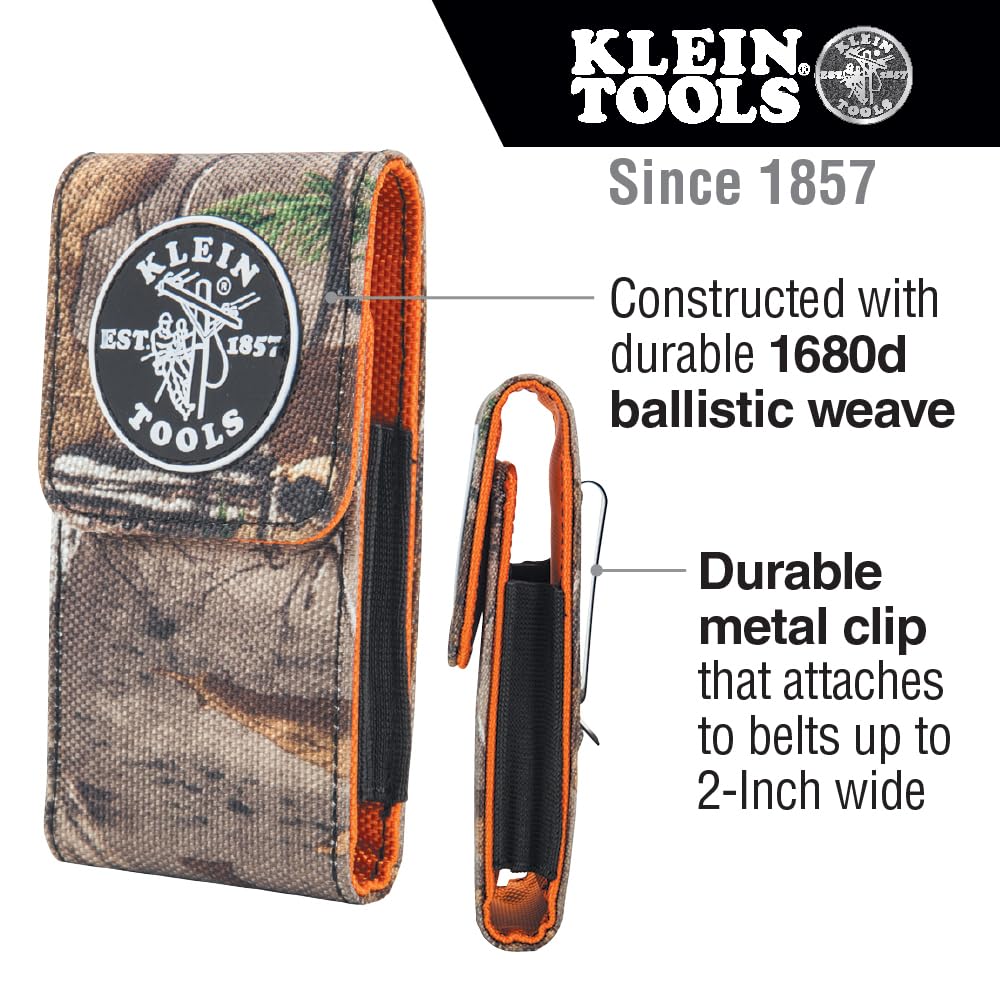 Klein Tools camo phone holder with magnetic flap closes securely