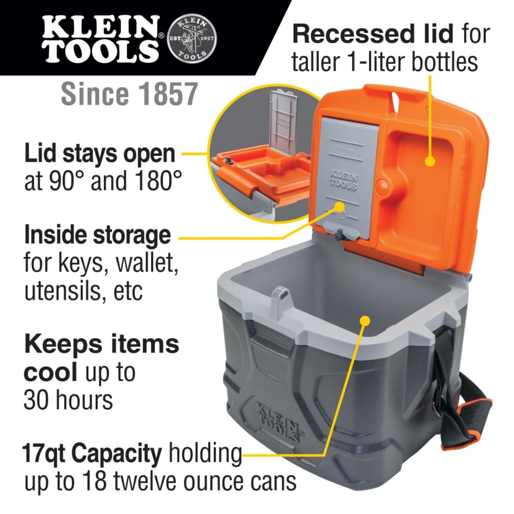 Klein Tools 55600 interior shows 17-quart capacity for meals and drinks.