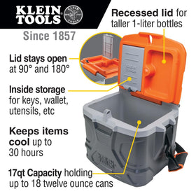 Klein Tools 55600 interior shows 17-quart capacity for meals and drinks.