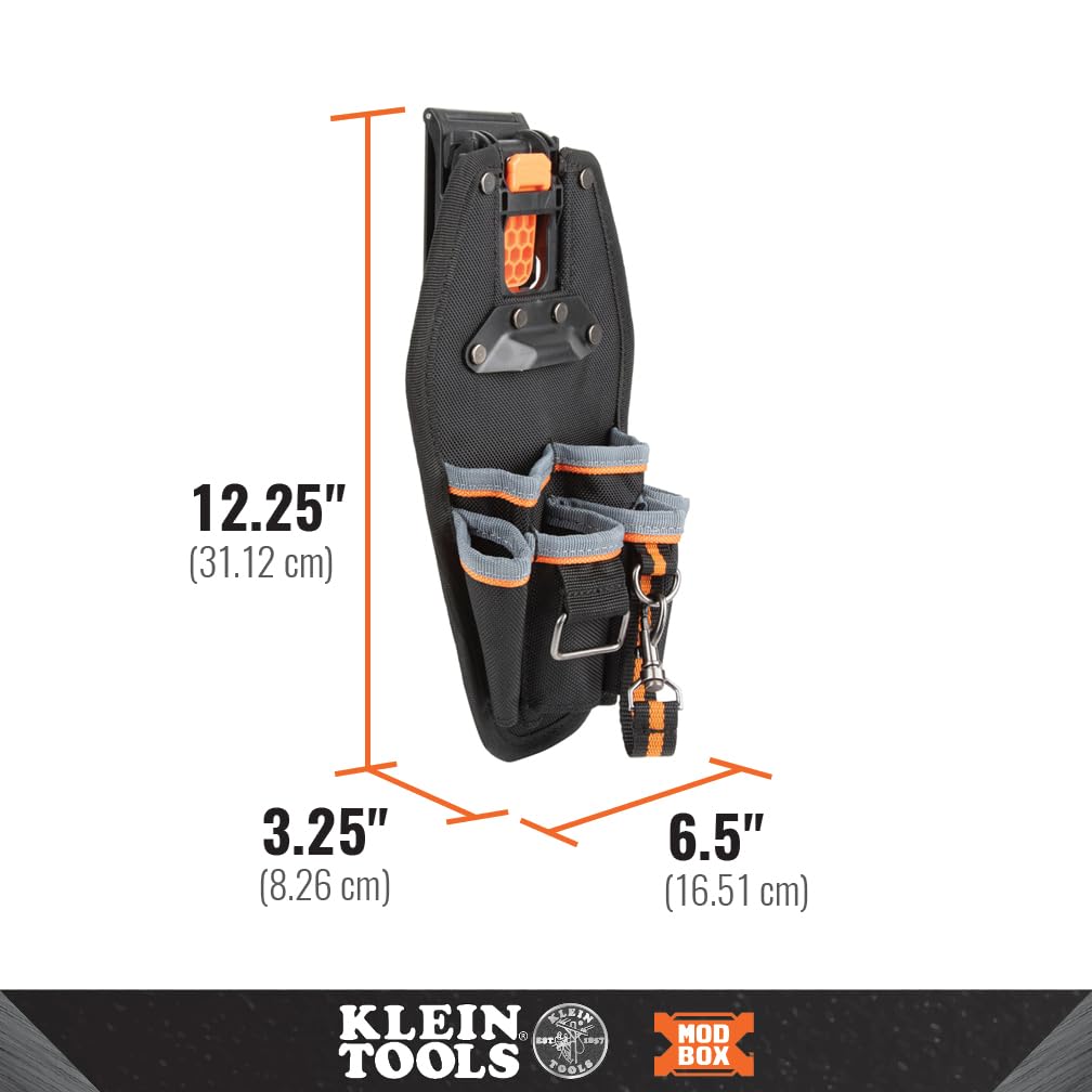 Klein Tools MODbox pouch demonstrates rail compatibility for expanded storage.