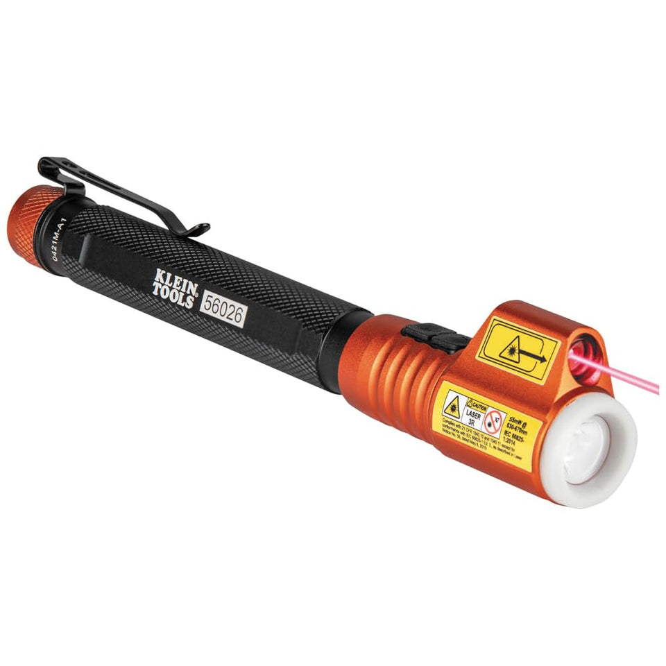 Klein Tools 56026R flashlight with laser pointer for precise targeting in dim spaces.