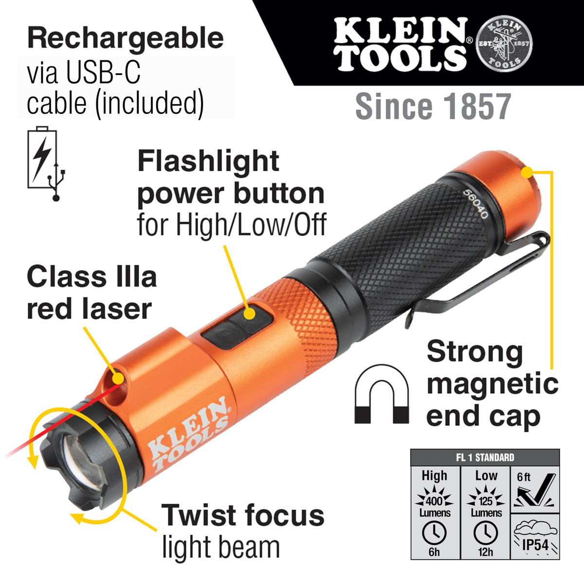 Klein Tools 56040 twist-focus bezel allowing beam adjustment from spot to flood