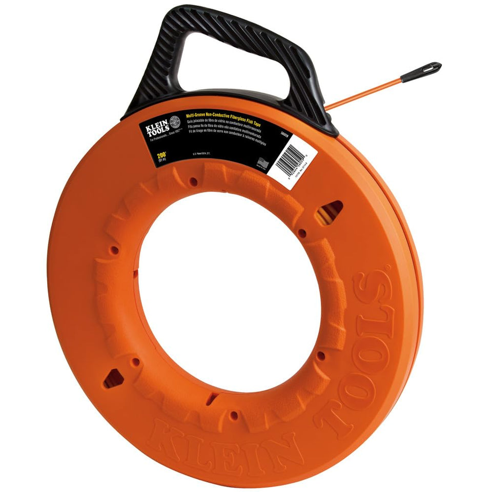 Klein Tools 56059 non-conductive fiberglass fish tape for safe conduit navigation.
