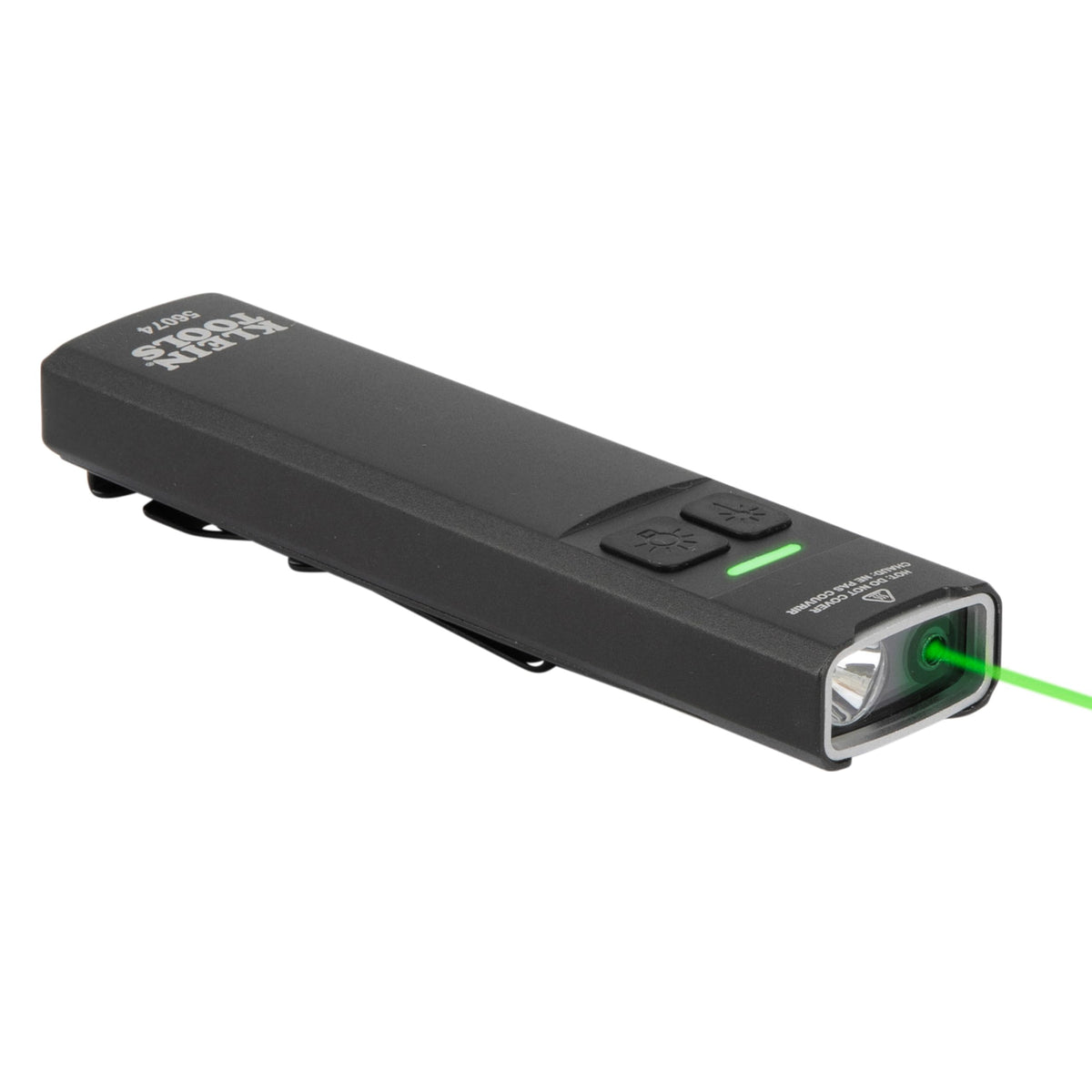 Klein Tools 56074 EDC flashlight with green laser for precise targeting at distance.