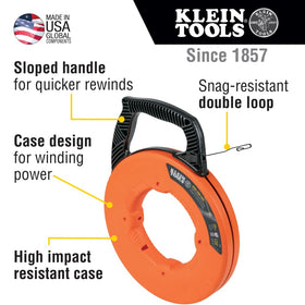 Klein Tools 56333 steel tape closeup highlights durability and flexibility for long runs.