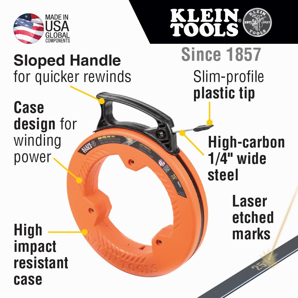 Klein Tools 56335 flat steel tape with slim plastic tip for tight spaces.