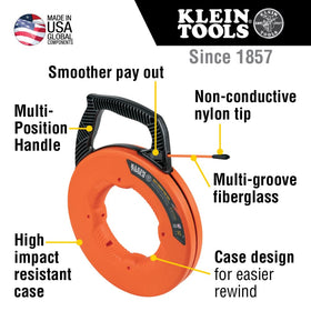 Klein Tools 56383 fiberglass tape with multi-grooves feeds smoothly through conduit.
