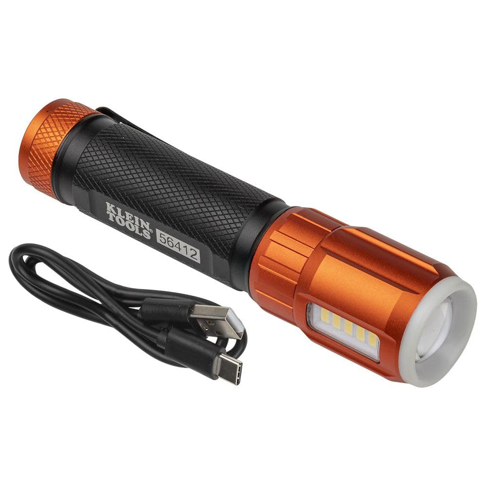 Klein Tools 56412 rechargeable flashlight front view for bright on-site lighting