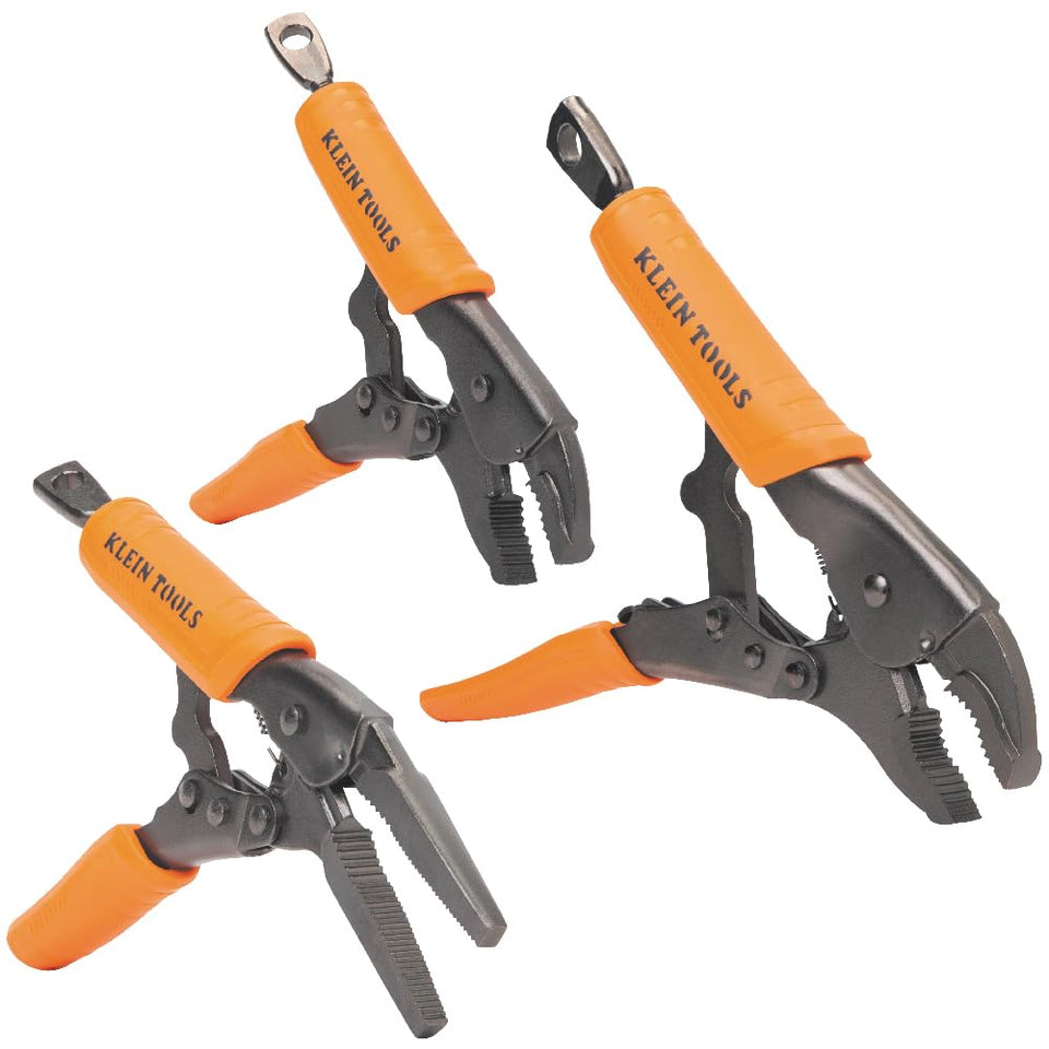 Klein Tools 6-Inch Long Nose Locking Pliers gripping a small part securely