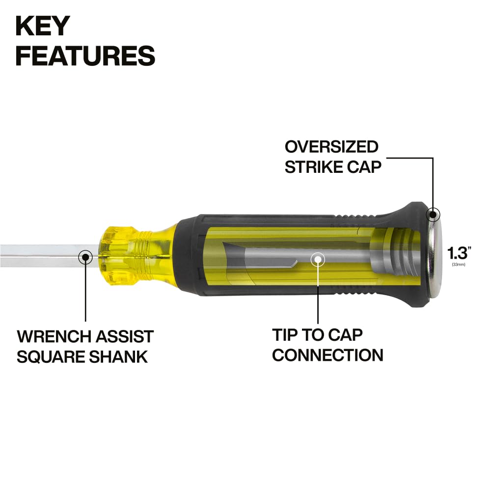Klein Tools 6007DD demolition screwdriver features a 7-inch blade for reach and leverage while prying.