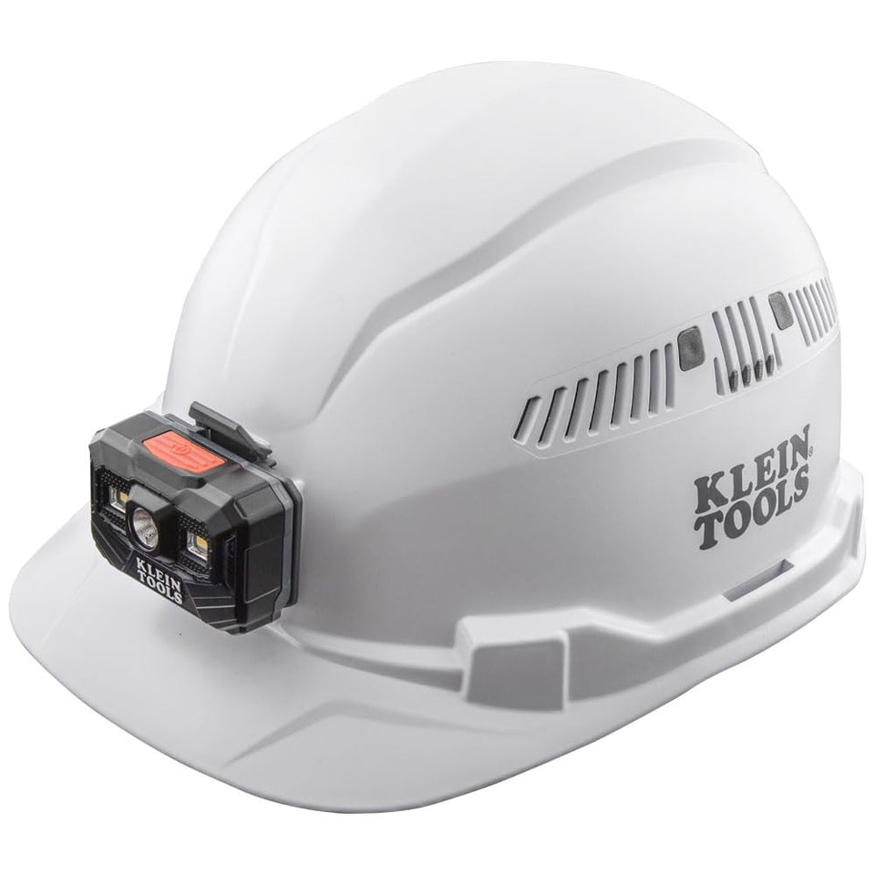 Klein Tools 60113RL hard hat front view with secure headlamp mount for hands-free lighting.