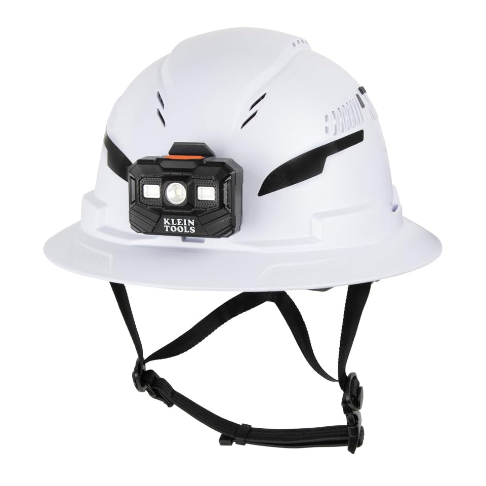 Klein Tools 60407T2RL headlamp attachment provides hands-free illumination for tasks.