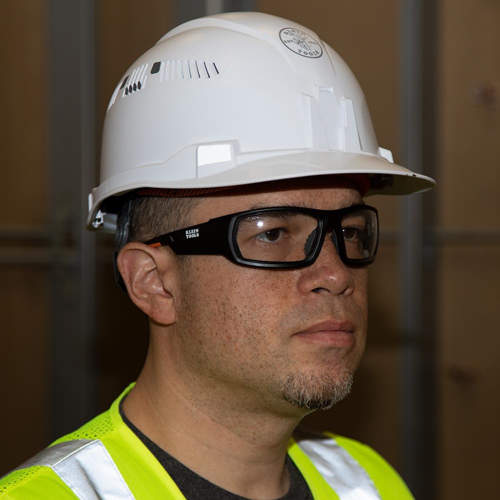 Klein Tools 60470 safety glasses non-slip fit with rubber nose piece for comfort.