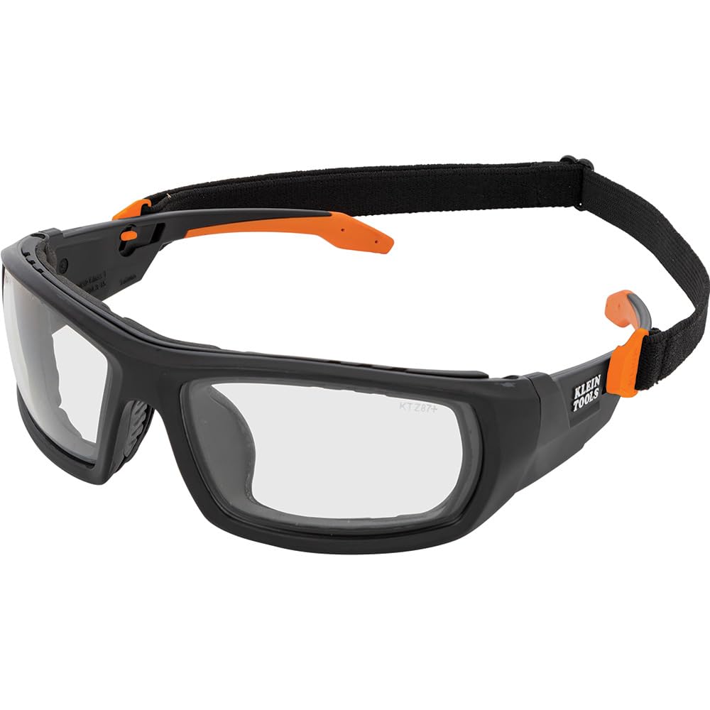 Klein Tools 60470 safety glasses removable gasket for adjustable seal and dust reduction.