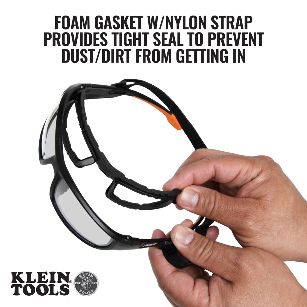 Klein Tools 60470 safety glasses side view showing wraparound protection and secure fit.