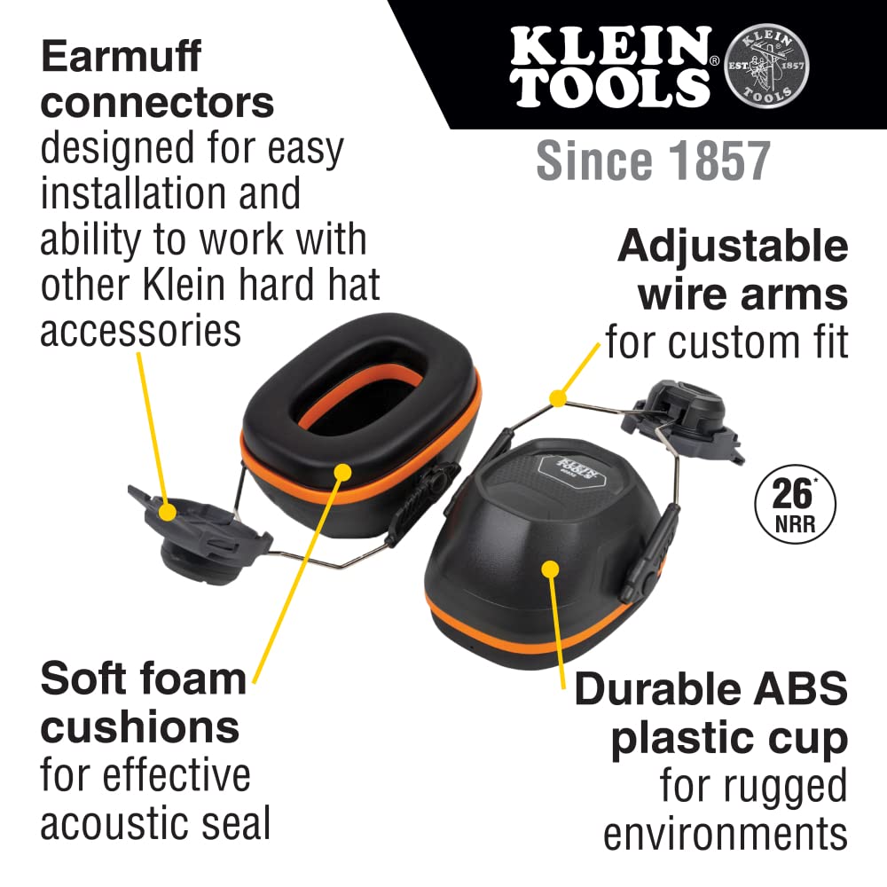 Klein Tools earmuffs with 26 dB NRR on loud job sites