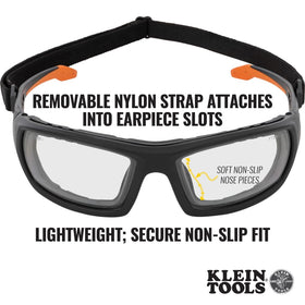 Klein Tools 60538 gasket safety glasses close-up shows foam gasket and nylon strap for a tight seal.