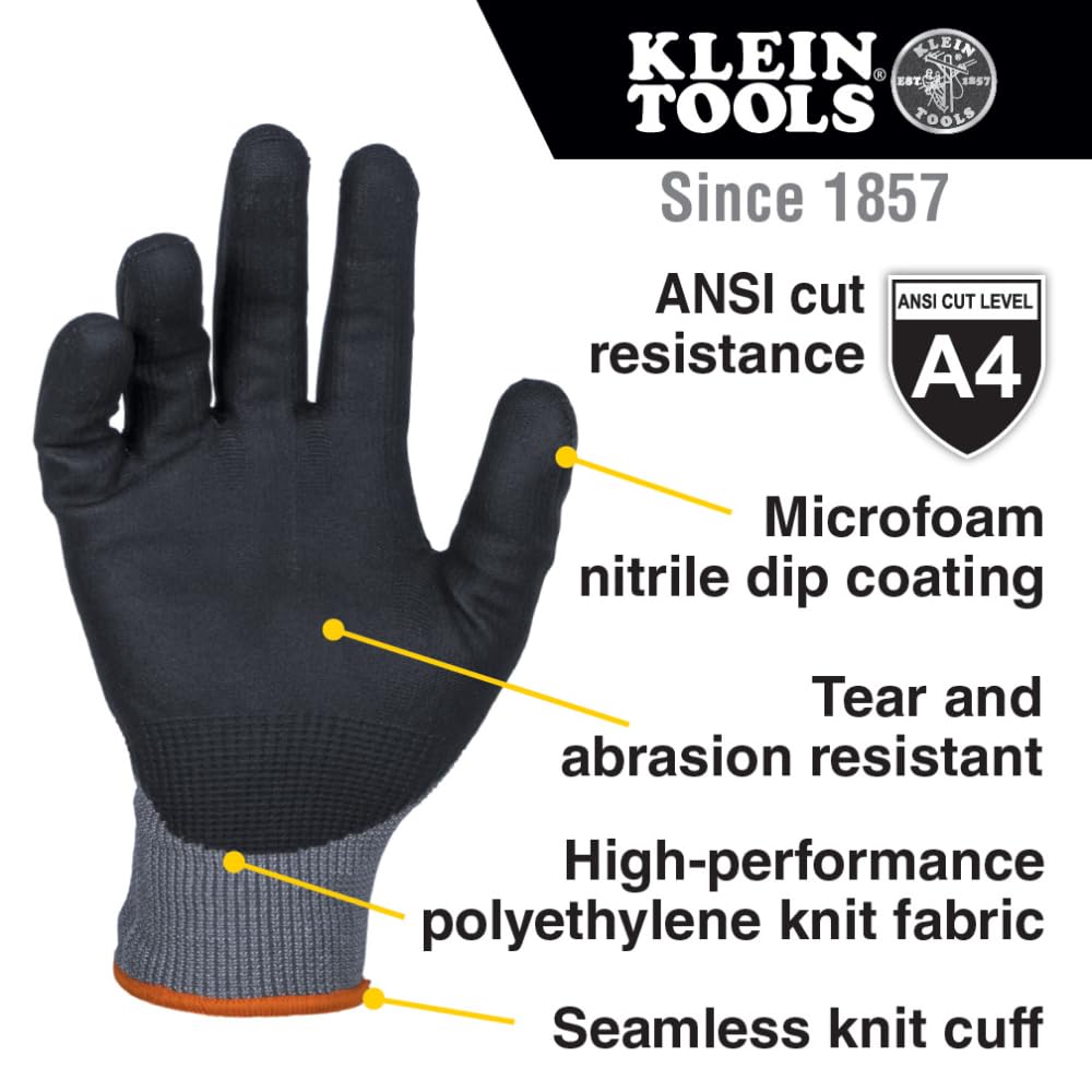 Klein Tools 60587 cut-resistant gloves protect against sharp edges.