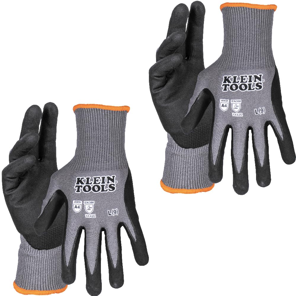 Klein Tools 60589 work gloves with dipped nitrile grip for secure handling in all conditions