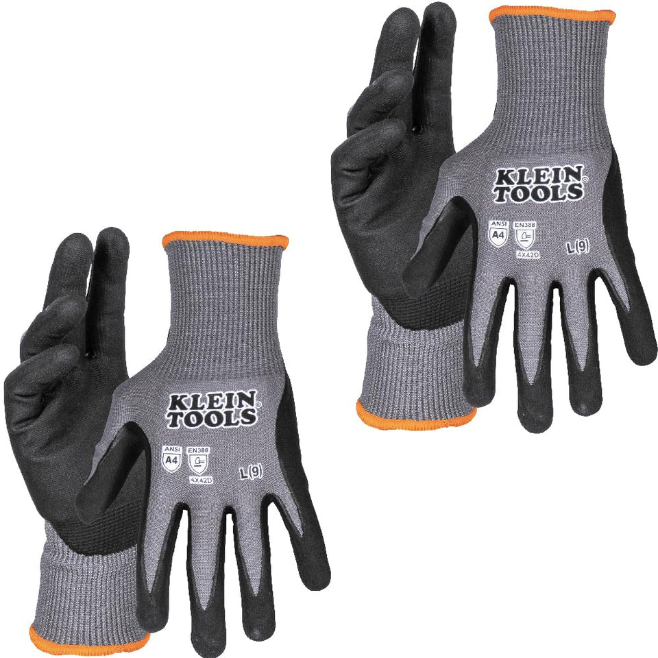 Klein Tools 60589 work gloves with dipped nitrile grip for secure handling in all conditions