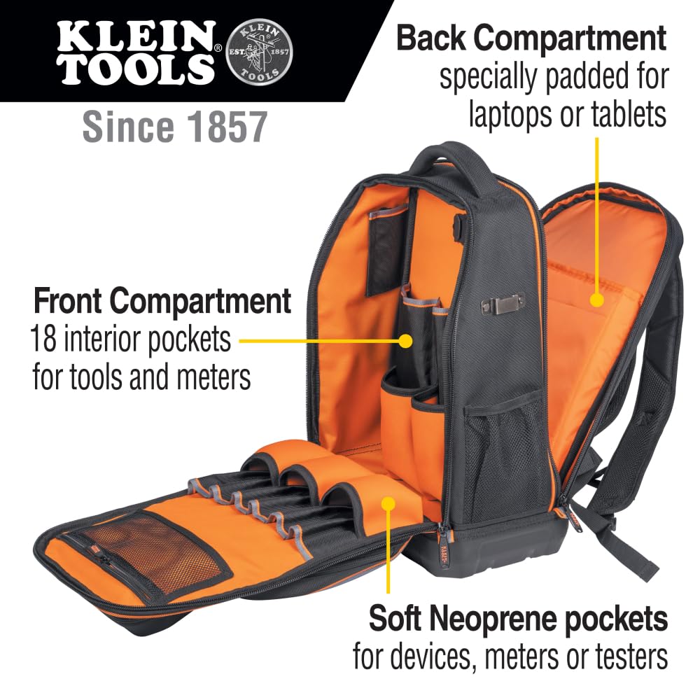 Klein Tools 62805BPTECH 28-pocket organization keeps tools and meters neatly accessible.
