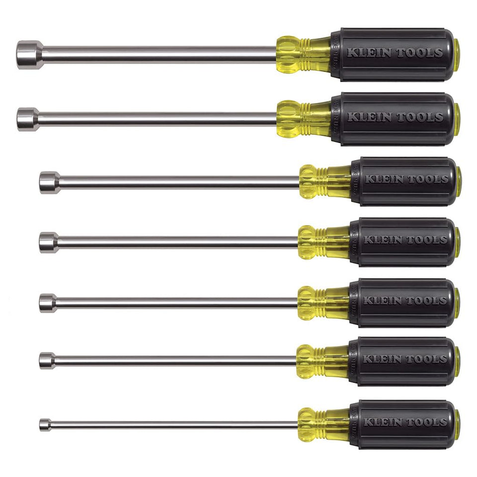 Klein Tools 647M nut driver set, front view with Cushioned-Grip handles for comfortable torque.