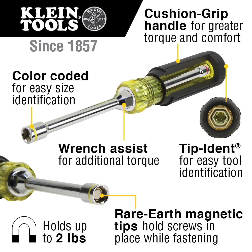 Klein Tools 65064 magnetic nut driver holds screws in place during assembly.