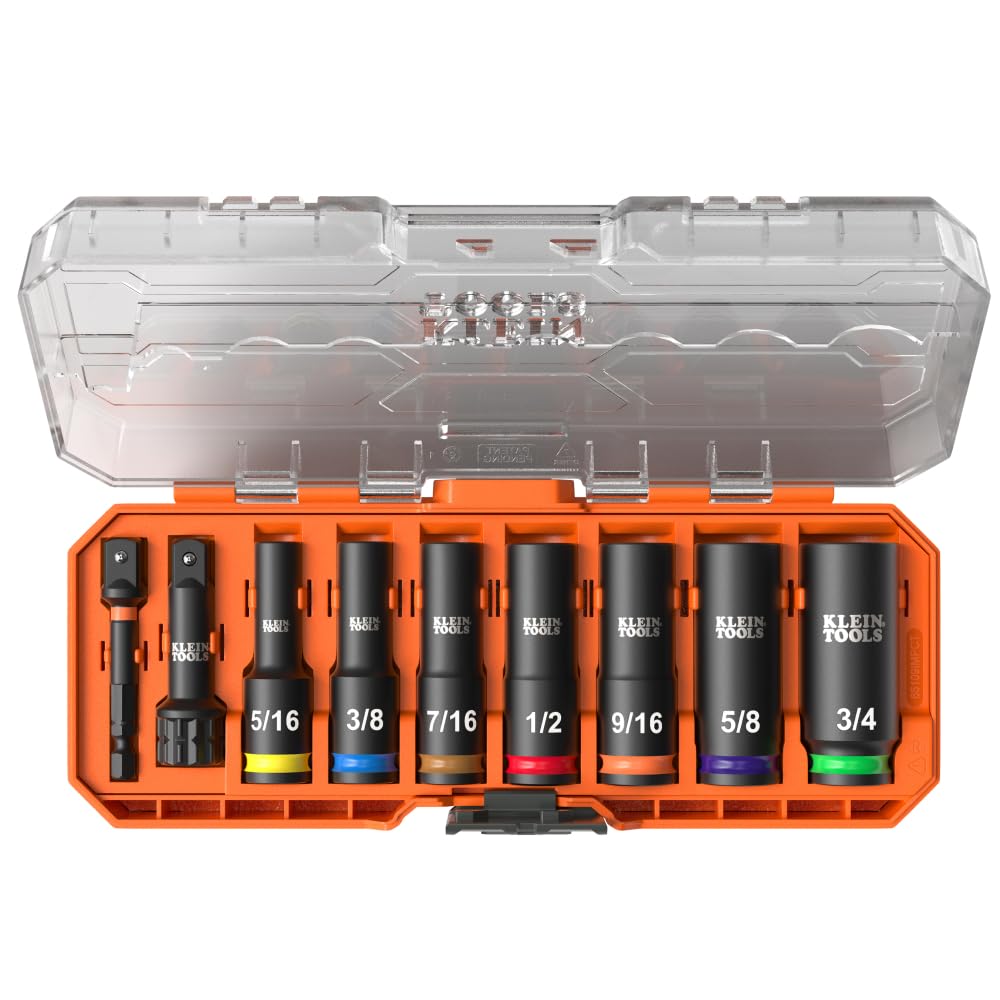 Klein Tools 65109IMPCT KNECT deep-well sockets, 9-piece set for hard-to-reach bolts.