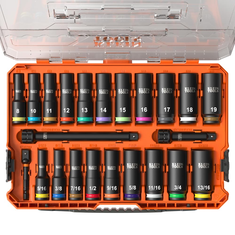 Klein Tools 65121IMPCT deep-well socket set shown for tough reach applications and extended bolt access