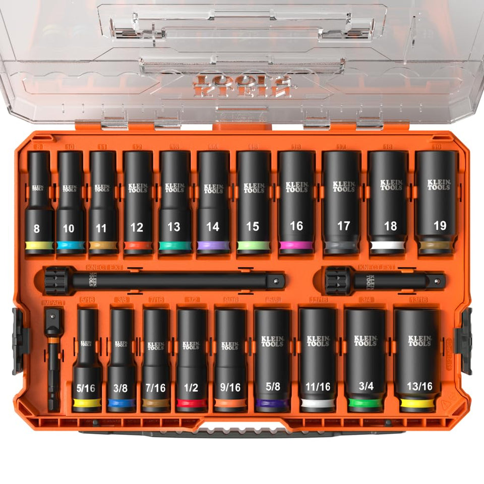 Klein Tools 65121IMPCT deep-well socket set shown for tough reach applications and extended bolt access