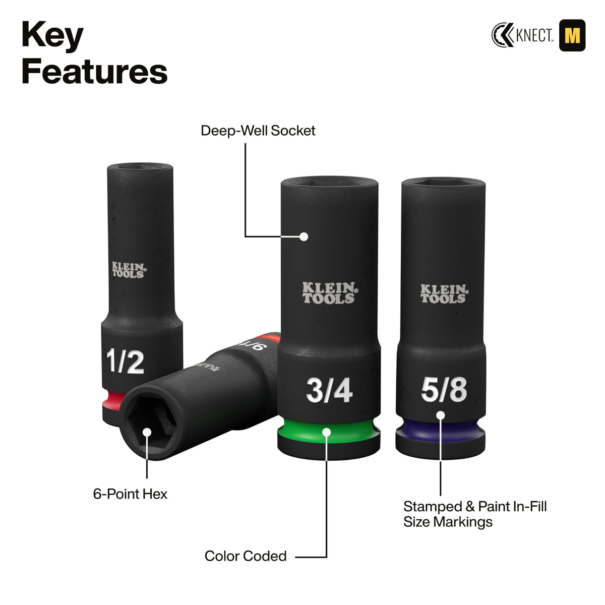 Klein Tools color coded rings on 65123HD sockets for fast ID