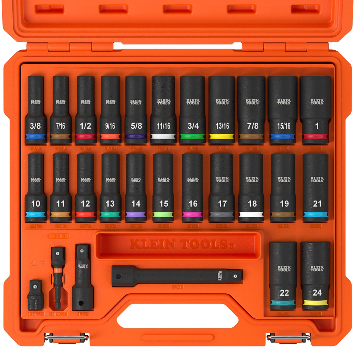 Klein Tools 65123HD deep-well sockets in a set for extended reach