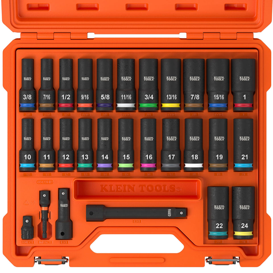 Klein Tools 65123HD deep-well sockets in a set for extended reach
