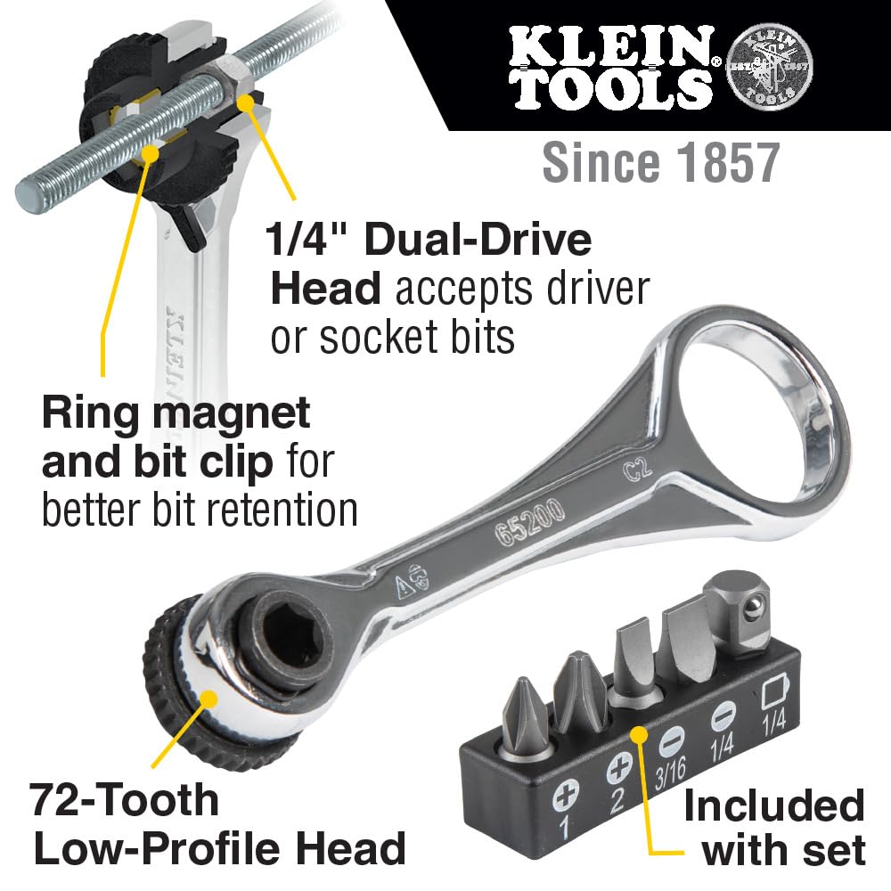 Klein Tools 65200 mini ratchet with 1/4 dual-drive head for versatility.