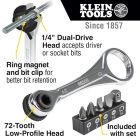 Klein Tools 65200 mini ratchet with 1/4 dual-drive head for versatility.
