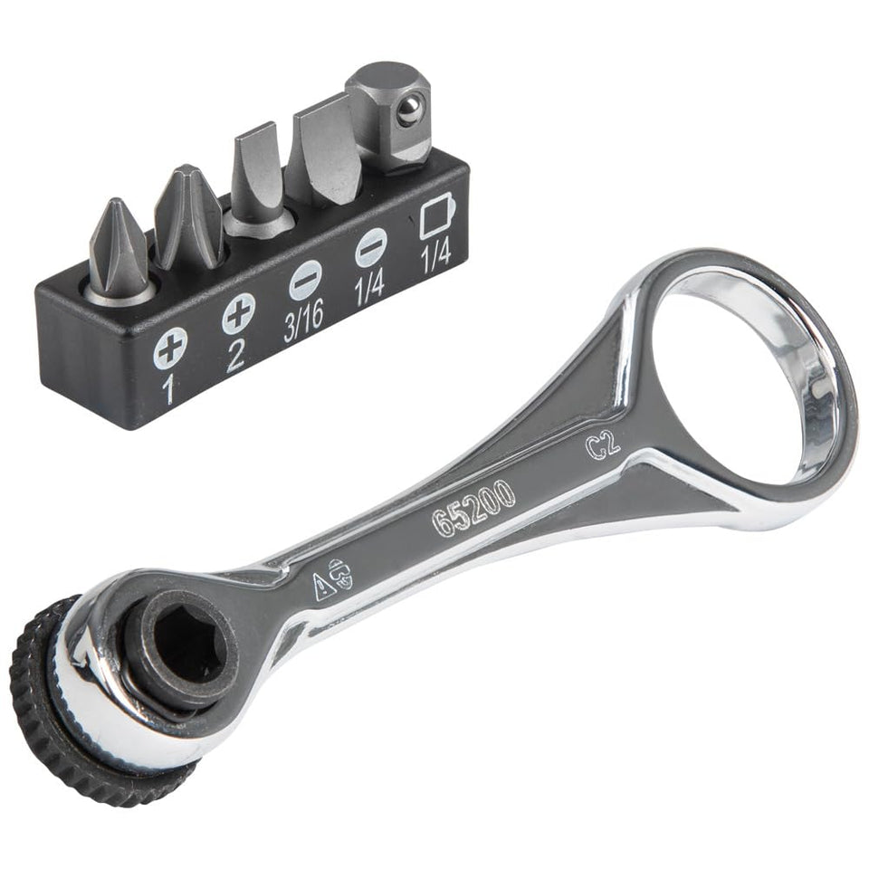 Klein Tools 65200 mini ratchet set in compact design for tight spaces.